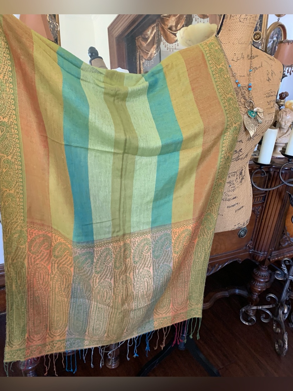 Vintage 2-Sided Multi-Coloured Striped Boho Hippie Gypsie Pashmina Scarf Shawl